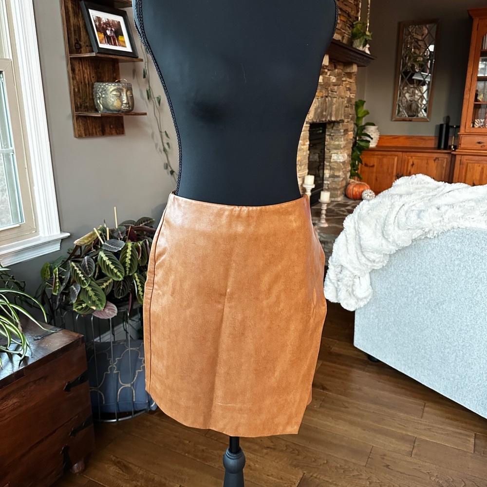 Camel Faux Leather Mini Skirt - Size S